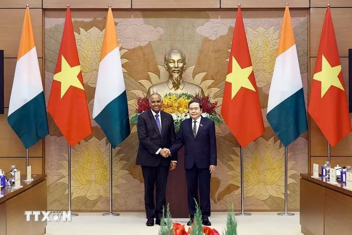 Chủ tịch Quốc hội Trần Thanh Mẫn đón Chủ tịch Quốc hội Cộng hòa Côte d’Ivoire (Bờ Biển Ngà) Patrick Achi thăm chính thức Việt Nam. (Ảnh: Doãn Tấn/TTXVN)