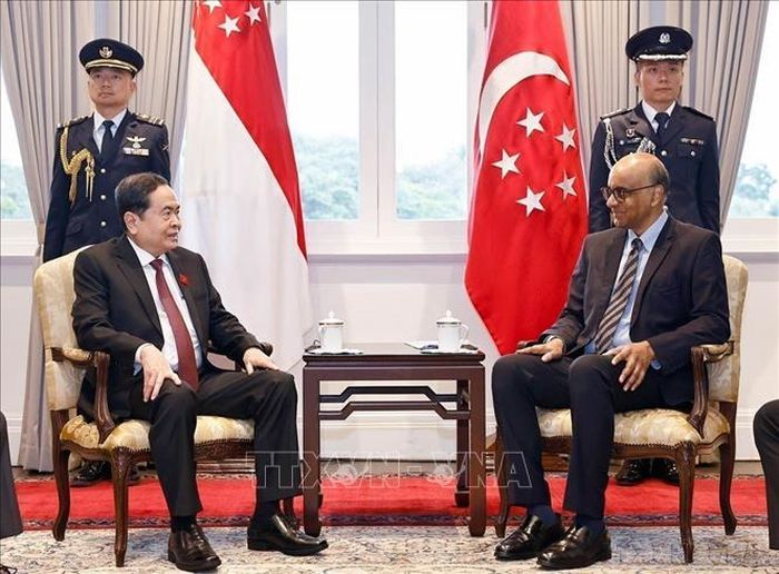 Chủ tịch Quốc hội Trần Thanh Mẫn đến chào Tổng thống Singapore Tharman Shanmugaratnam trong chuyến thăm chính thức Cộng hòa Singapore, ngày 3/12/2024. Ảnh: Doãn Tấn/TTXVN