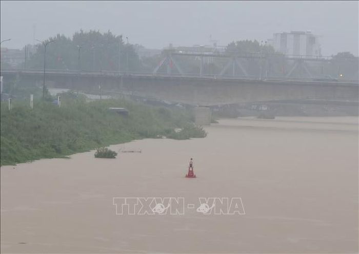 Mưa lớn khiến mực nước trên sông Thương tăng cao. Ảnh: Thanh Thương/TTXVN