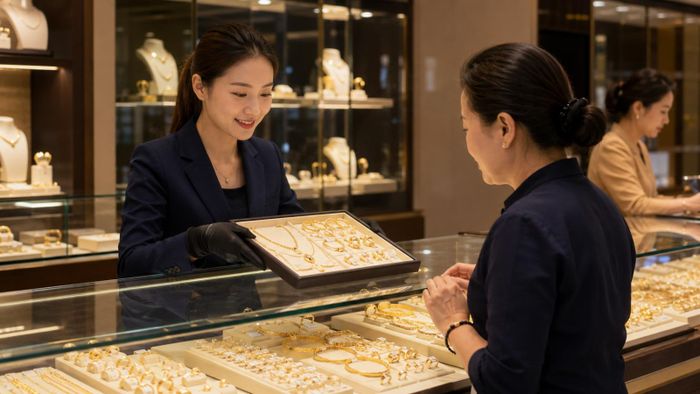 Khách hàng tìm hiểu sản phẩm tại một cửa hàng kinh doanh vàng trang sức. Ảnh minh họa.