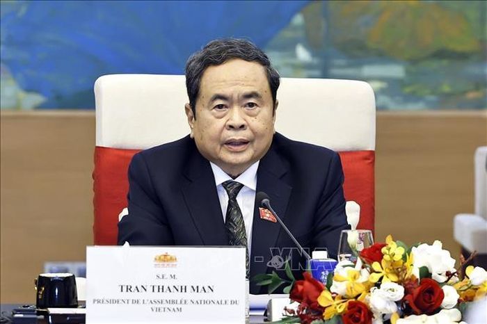 Chủ tịch Quốc hội Trần Thanh Mẫn phát biểu tại hội đàm. Ảnh: Doãn Tấn/TTXVN