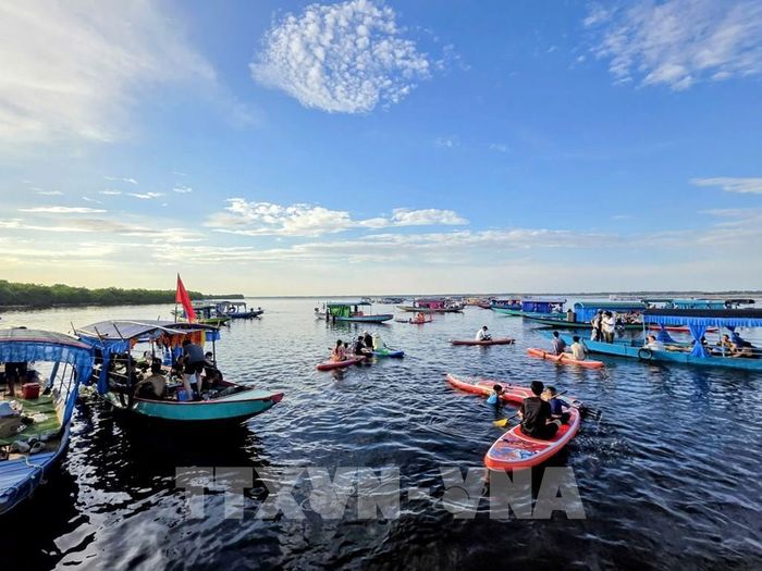 Hoạt động chèo SUP trên phá Tam Giang an toàn nhờ mực nước thấp (khoảng 80cm). Ảnh: Mai Trang - TTXVN