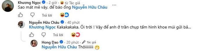 Hồng Đào phản ứng khi Hữu Châu để lại bình luận hài hước. Ảnh: FBNV