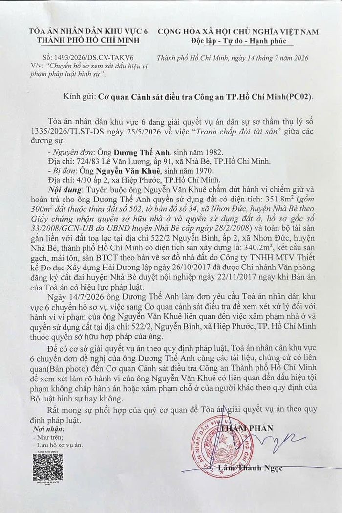 TAND khu vực 6 - TPHCM đã có văn bản gửi Cơ quan CSĐT Công an TPHCM