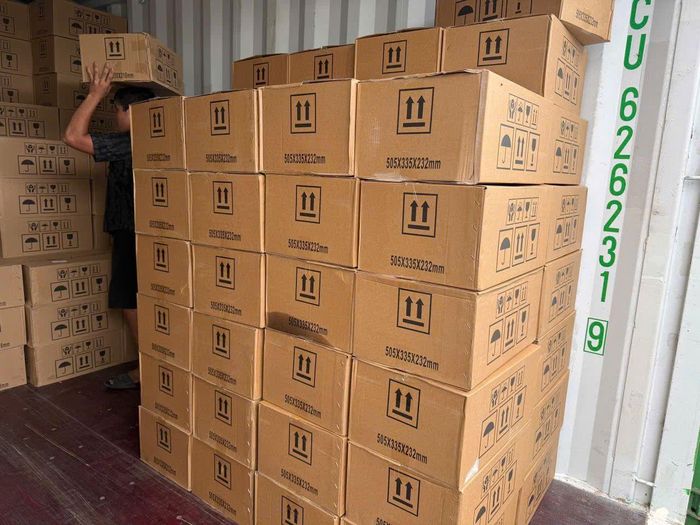 Lô hàng gồm 16.000 hộp dầu nhớt có dấu hiệu giả mạo nhãn hiệu MOTUL. Ảnh: Cục Hải quan