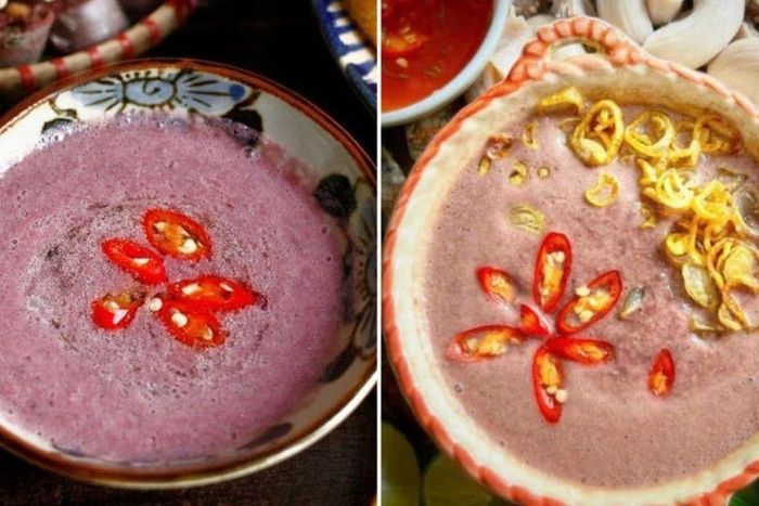 Khi đánh cùng chanh hoặc quất, màu tím sẫm đặc trưng của mắm tôm có thể chuyển sang tím nhạt hoặc hơi hồng. Ảnh minh họa.