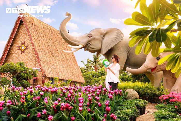 Nổi bật giữa sắc hoa thắm tươi là các tiểu cảnh độc đáo được dàn dựng tỉ mỉ. Du khách không khỏi ngỡ ngàng khi bắt gặp hình ảnh ngôi nhà rông uy nghi hay những chú voi sừng sững.