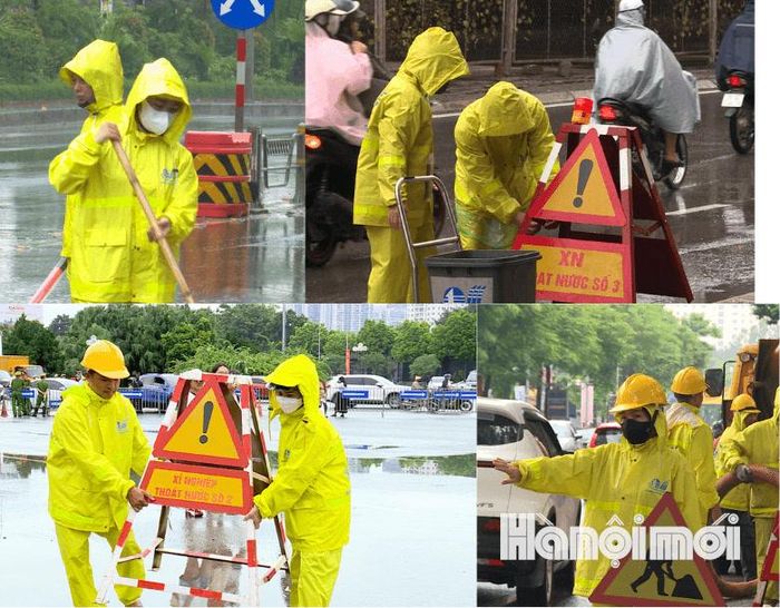Từ Võ Chí Công, chân cầu Vĩnh Tuy, trước cửa SVĐ Mỹ Đình, Thái Hà, Chợ Hàng Da… các lực lượng thoát nước liên tục có mặt tại hiện trường trong thời gian Hà Nội chịu ảnh hưởng của bão số 4 và mưa trên diện rộng.
