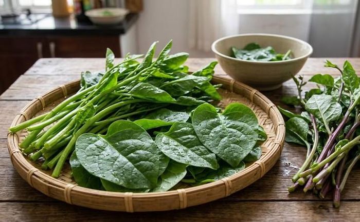 Rau mồng tơi có tác dụng nhuận phế, giảm khô họng vào mùa thu. Ảnh: AI.