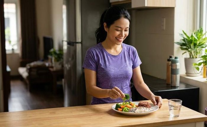 Nếu muốn giảm cân, người trên 50 tuổi nên ưu tiên giảm năng lượng hợp lý, đủ protein và duy trì vận động thay vì nhịn ăn cực đoan. Ảnh AI.