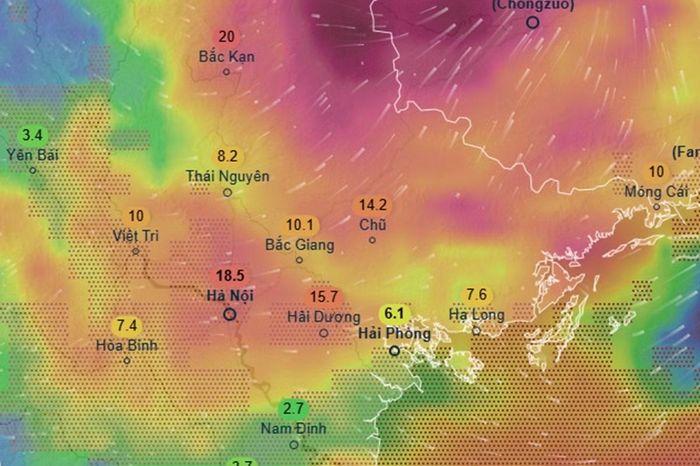 Dự báo mưa ở nhiều nơi tại miền Bắc vào ngày 31/8, theo mô hình ECMWF của châu Âu (mô hình được đánh giá là đáng tin cậy về dự báo mưa). Những con số trong hình là lượng mưa dự báo trong khoảng 3 giờ. Ảnh: Ventusky, ECMWF.