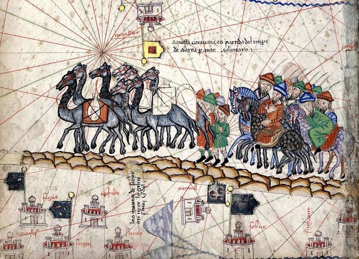 Tranh minh họa: Bản đồ Catalan, trích đoạn Marco Polo dọc Con đường Tơ lụa. Ảnh: National Bankof Belgium.