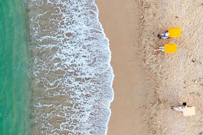  Cảnh du khách đọc sách bên bờ biển Sokcho nhìn từ trên cao. Ảnh: Kyunghyang Shinmun. 