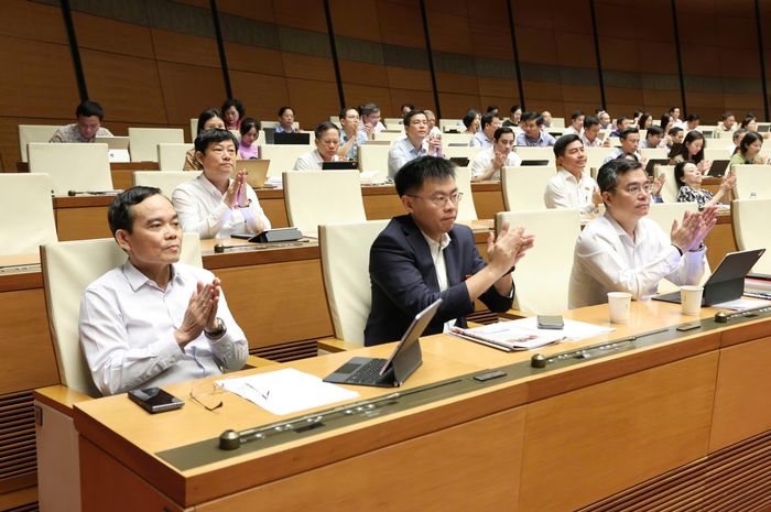  Bí thư Thành ủy TPHCM Trần Lưu Quang cùng các đại biểu tán thành thông qua các luật, nghị quyết tại Quốc hội sáng 24-8. Ảnh: QUANG PHÚC 