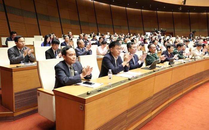  Bí thư Thành ủy TPHCM Trần Lưu Quang và các đại biểu tán thành Quốc hội thông qua các luật, nghị quyết, chiều 24-8. Ảnh QUANG PHÚC 
