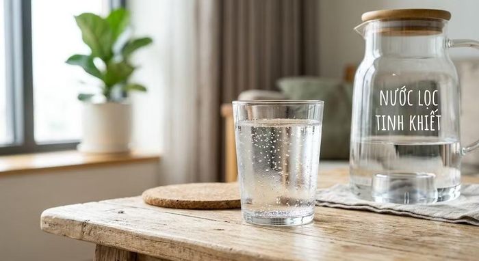 Nước lọc – lựa chọn đơn giản nhưng không thể thiếu. Đây là thức uống gần như không chứa calo, giúp bổ sung nước cho cơ thể mà không làm tăng năng lượng nạp vào. Ảnh minh hoạ từ AI