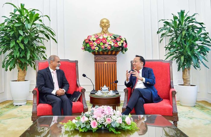 Thứ trưởng Nguyễn Hoàng Long và ông Sanjay Wijesekera trao đổi về hợp tác Việt Nam – UNICEF trong lĩnh vực bảo vệ, chăm sóc và giáo dục trẻ em. (Ảnh: Quang Hòa)