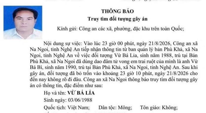 Thông báo của Công an xã Na Ngoi truy tìm người đối với Vừ Bá Lỉa.