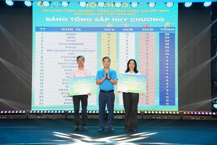 Đồng chí Vũ Anh Tuấn - Phó Chủ tịch Công đoàn PETROVIETNAM trao giải Nhì toàn đoàn cho đại diện BSR và PTSC