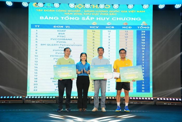 Đồng chí Lương Thị Hồng Nhung - Ủy viên Ban Thường vụ, Trưởng Ban Quan hệ lao động Công đoàn PETROVIETNAM trao giải Ba toàn đoàn.