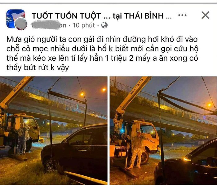 Một chia sẻ của người dùng mạng xã hội gây tranh cãi trái chiều về việc cứu hộ ô tô. Ảnh chụp màn hình