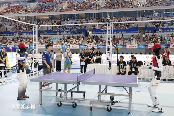 Các robot thi đấu ở nội dung bóng bàn. (Ảnh: Công Tuyên/TTXVN)