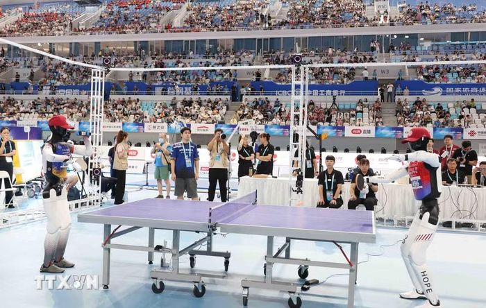 Các robot thi đấu ở nội dung bóng bàn. (Ảnh: Công Tuyên/TTXVN)
