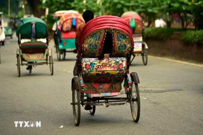 Xích lô còn được trang trí bằng tua rua, hoa nhựa và kim tuyến, tạo thành những “triển lãm nghệ thuật” lưu động trên đường phố. (Ảnh: THX/TTXVN phát)