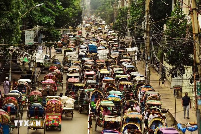 Những chiếc xích lô lưu thông trên một tuyến phố tại Dhaka, Bangladesh. (Ảnh: THX/TTXVN phát)