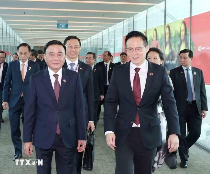 Quốc Vụ khanh Bộ Quốc phòng Singapore Desmond Choo đón Thường trực Ban Bí thư Trần Cẩm Tú tại sân bay Changi. (Ảnh: Phương Hoa/TTXVN)