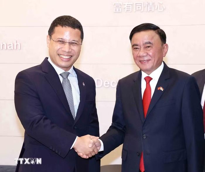 Thường trực Ban Bí thư Trần Cẩm Tú hội kiến Chủ tịch Đảng Hành động Nhân dân Singapore, Bộ trưởng Bộ Giáo dục Singapore Desmond Lee. (Ảnh: Phương Hoa/TTXVN)