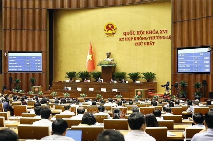 Quốc hội biểu quyết thông qua Nghị quyết của Quốc hội về điều chỉnh chủ trương đầu tư Dự án đầu tư xây dựng tuyến đường sắt Lào Cai - Hà Nội - Hải Phòng. Ảnh: Doãn Tấn/TTXVN