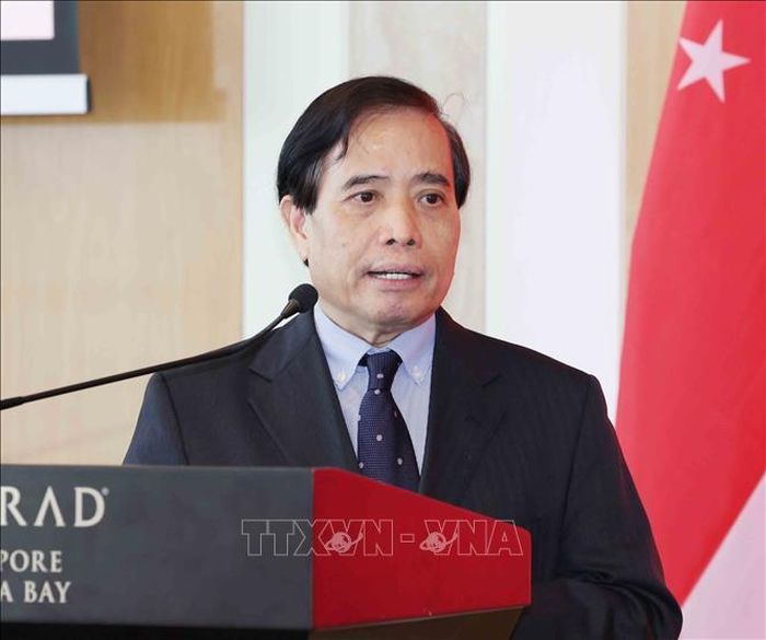 Giáo sư, Tiến sĩ Vũ Minh Khương, đại diện cộng đồng người Việt Nam tại Singapore phát biểu tại buổi gặp gỡ Ủy viên Bộ Chính trị, Thường trực Ban Bí thư Trần Cẩm Tú. Ảnh: Phương Hoa/TTXVN