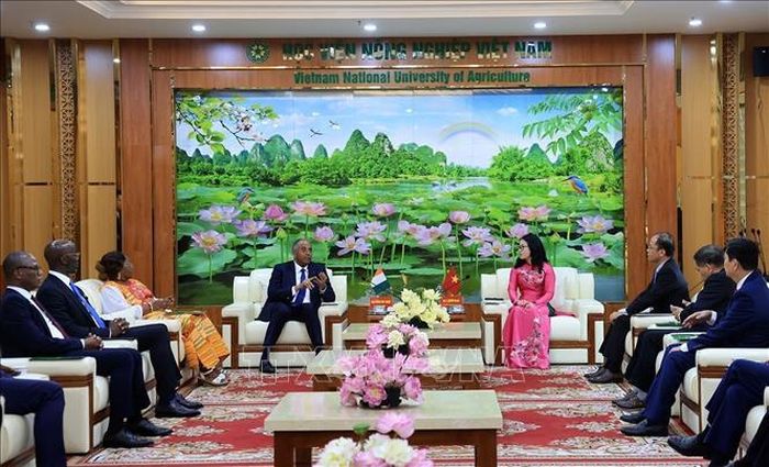 GS.TS Nguyễn Thị Lan, Giám đốc Học viện Nông nghiệp Việt Nam tiếp Chủ tịch Quốc hội Côte d’Ivoire Patrick Achi đến thăm và làm việc với Học viện. Ảnh: Tuấn Anh/TTXVN