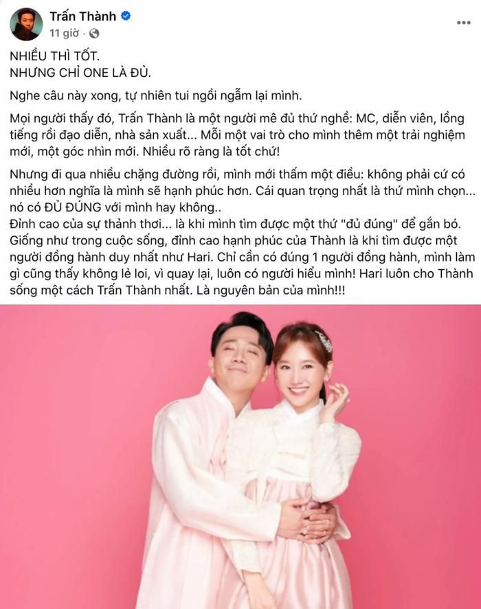 Trấn Thành chia sẻ. Ảnh: Chụp màn hình FBNV