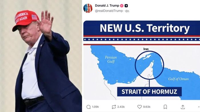 Tổng thống Mỹ Donald Trump ngày 23/8 đã đăng lại một bản đồ đánh dấu eo biển Hormuz là “Lãnh thổ mới của Mỹ” trên tài khoản Truth Social của mình. Ảnh: Reuters.