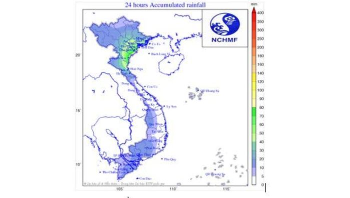Bản đồ dự báo lượng mưa tích lũy 24 giờ.
