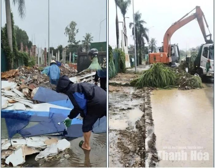 Một vị trí trước và sau khi được các lực lượng huy động máy móc, phương tiện để dọn dẹp, khơi thông dòng chảy.