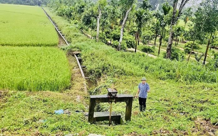 Lãnh đạo xã Tây Đô kiểm tra thực địa cống tưới qua đê trên địa bàn.