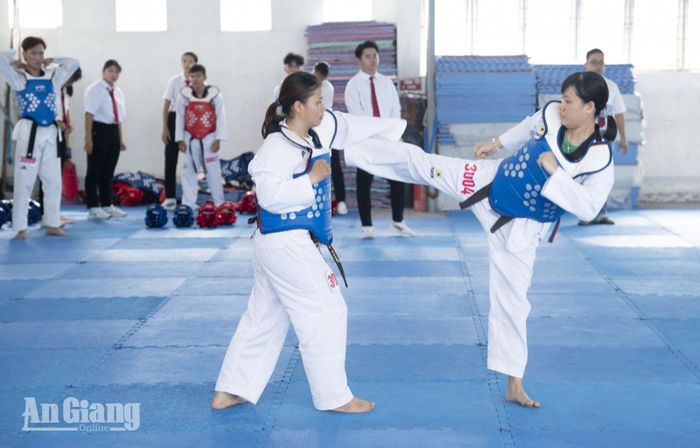 Các võ sinh thực hiện phần thi đối luyện.