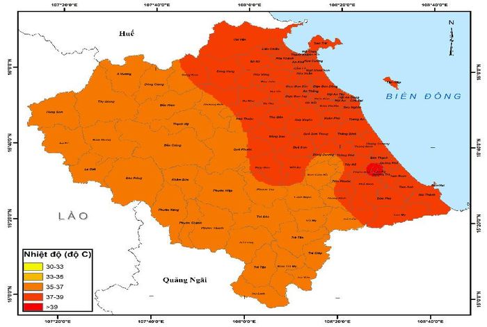 Bản đồ dự báo nhiệt độ cao nhất trong ngày 25/8. Nguồn: Đài Khí tượng thủy văn Trung Bộ