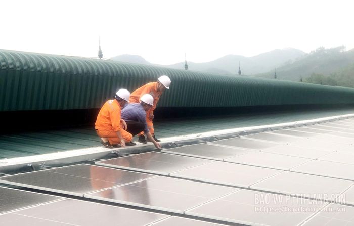 Nhân viên Điện lực Hữu Lũng kiểm tra kỹ thuật công trình ĐMTMN của Công ty Cổ phần sản xuất gỗ Thành An