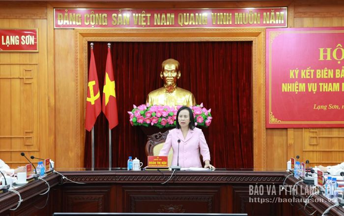 Đồng chí Đoàn Thị Hậu, Phó Bí thư Thường trực Tỉnh ủy, Chủ tịch HĐND tỉnh phát biểu tại hội nghị