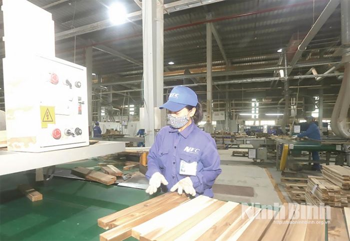 Công ty Cổ phần Lâm sản Nam Định, Khu Công nghiệp Hòa Xá (phường Đông A) thực hiện nghiêm các quy định về ATVSLĐ trong sản xuất.