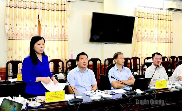 Đồng chí Lê Thị Thanh Trà, Ủy viên BCH Đảng bộ tỉnh, Phó Chủ tịch HĐND tỉnh phát biểu tại cuộc họp.