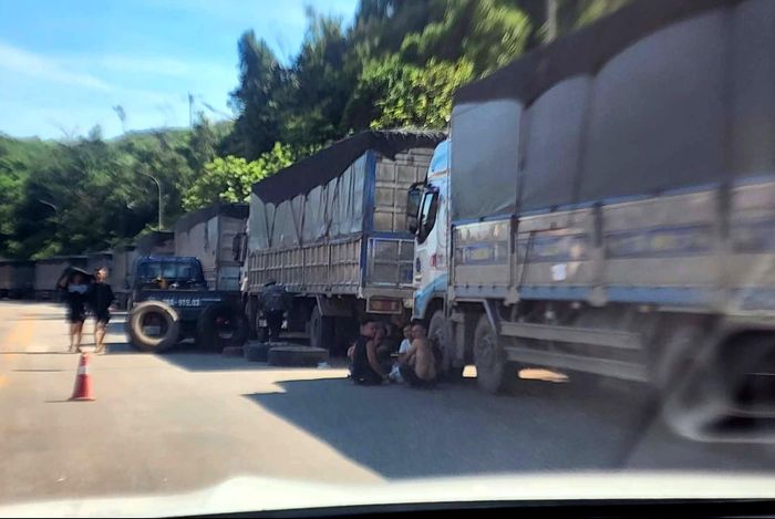 Hình ảnh xe tải xếp hàng dài trên tuyến quốc lộ 12C trong lúc chờ vào cảng.