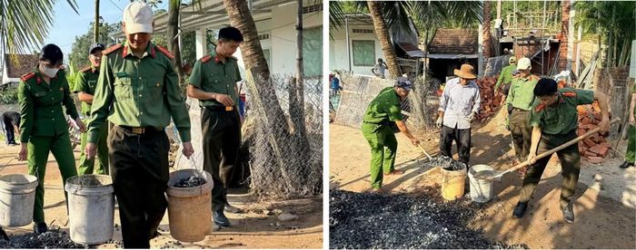 CBCS Công an xã Tuy An Bắc phụ việc thi công xây dựng hai căn nhà cho người dân địa phương trong "Chiến dịch Quang Trung".