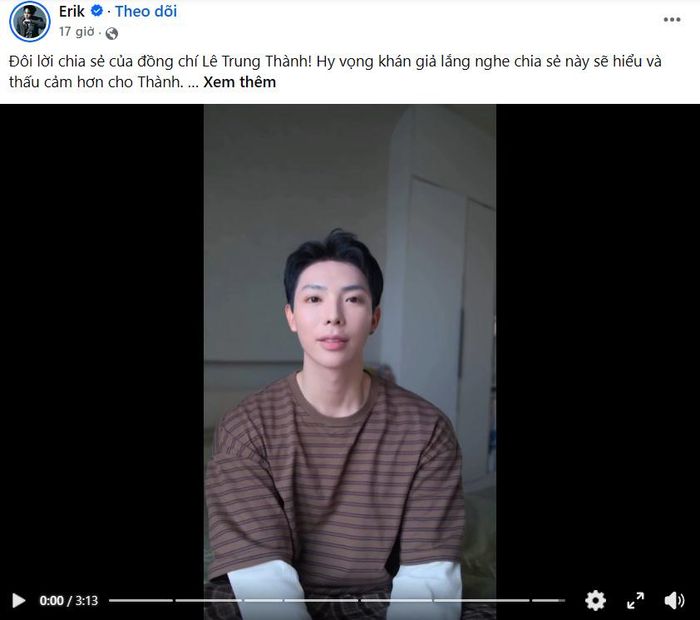 Erik đăng tải video chia sẻ sau những tranh cãi tại chương trình "Sao nhập ngũ 2026". Ảnh chụp màn hình.