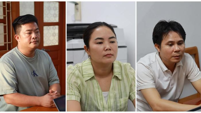 Từ trái qua phải các bị can Vũ Hoàng Hải, Bùi Thị Kim Tuyên, Phạm Văn Hà.