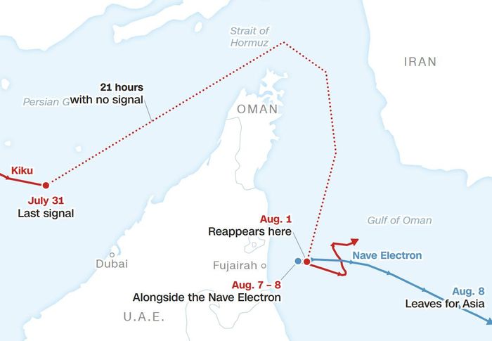 Hành trình của siêu tàu chở dầu Kiku bí mật vượt qua eo biển Hormuz. (Ảnh: Maritime Traffic)